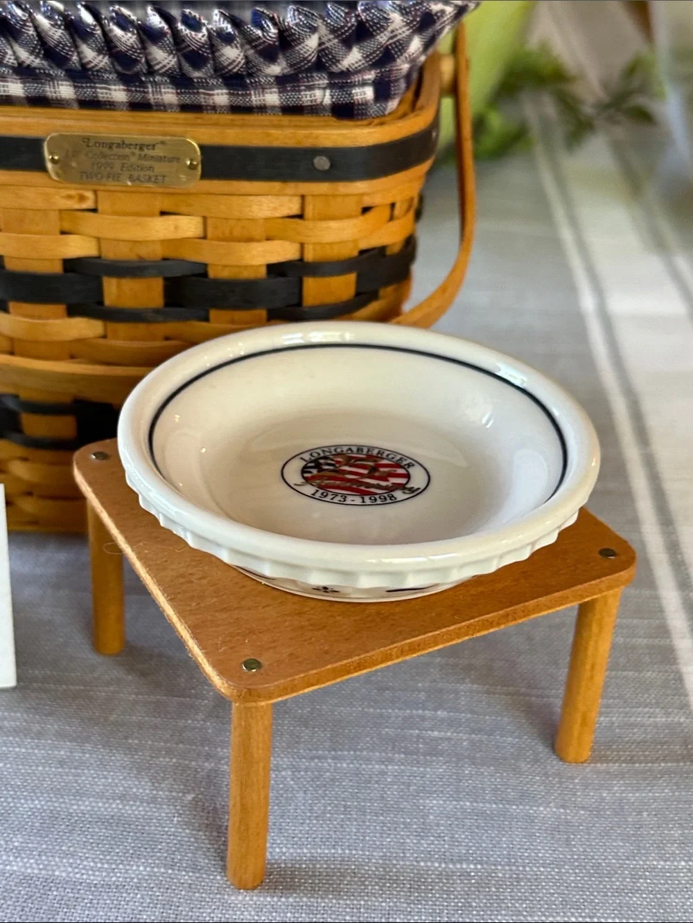 Longaberger Basket with Blue Plaid Liner 25th Anniversary Mini 2 Pie Basket